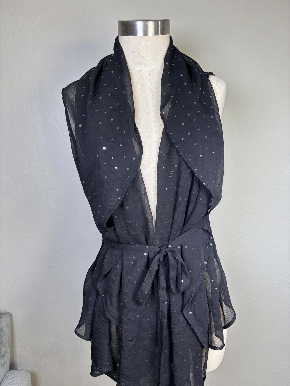 Joan Rivers Black Sheer Sequin Polka Dot Scarf Wrap Top Vest